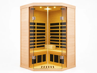 Far Infrared Corner Sauna Designed for Home Relaxation, Hemlock Wood, 7 Heating Panels, Bluetooth Audio