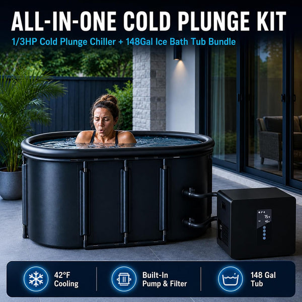Cold Plunge Chiller and Tub Bundle Designed for Home Recovery, 1/3HP 600W Cooling, 148 Gal Insulated Tub, 42°F