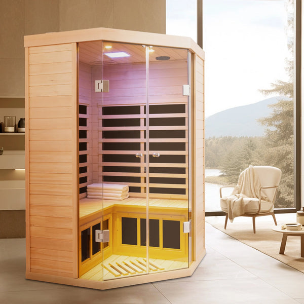 Far Infrared Corner Sauna Designed for Home Relaxation, Hemlock Wood, 7 Heating Panels, Bluetooth Audio