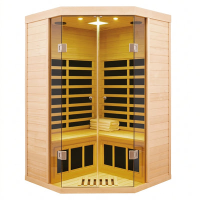 Far Infrared Corner Sauna Designed for Home Relaxation, Hemlock Wood, 7 Heating Panels, Bluetooth Audio