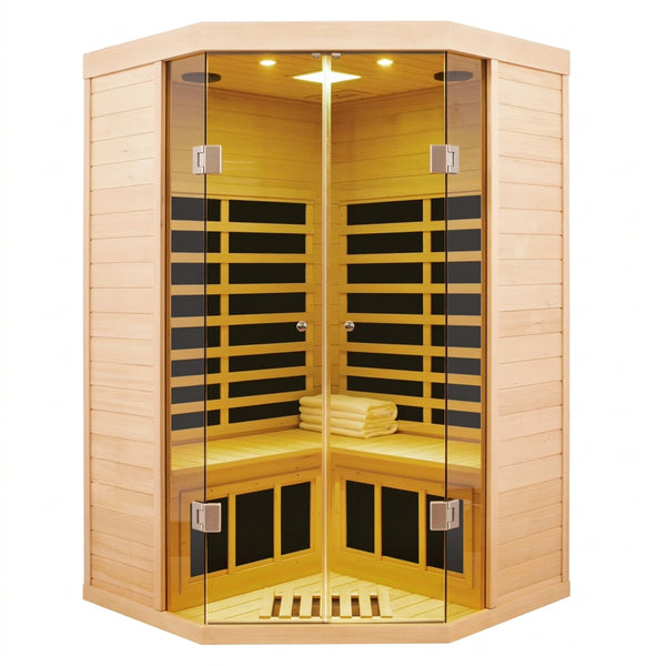 2-Person Corner Far Infrared Sauna Room - Hemlock Wood, Deluxe Transparent Glass Front, Large Capacity Home Sauna